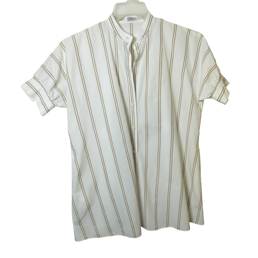 Brunello Cucinelli White Tan Striped Monili Bead Band Collar Shirt Made in Italy